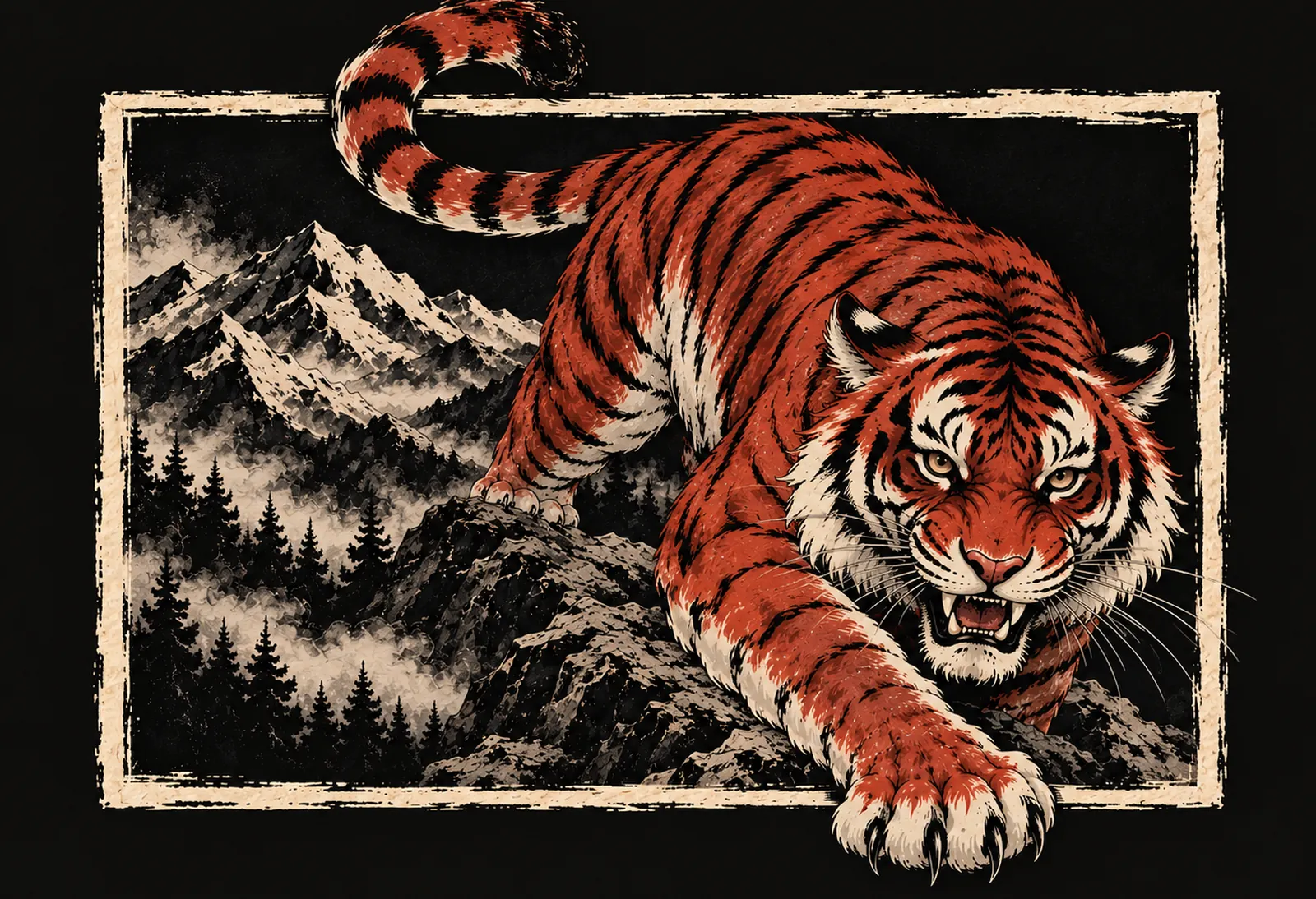A tiger prowling out of a frame shaped like Colorado, the Front Range behind it