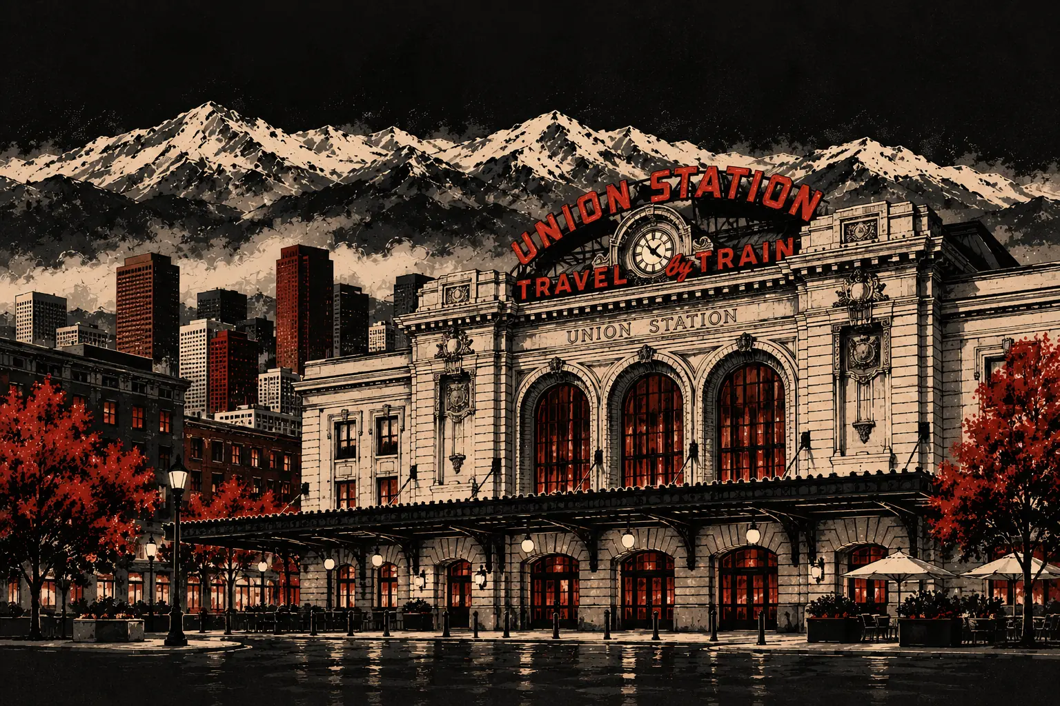 Denver Union Station at dusk, its TRAVEL BY TRAIN sign lit, mountains behind